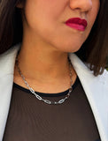 Sterling silver chain layering necklace on a person's neck.  Our medium Essential paperclip link chain necklace is perfect for everyday wear. Designed by AAPI celebrity jewelry designer SONIA HOU.