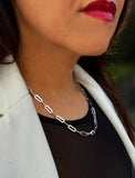 Sterling silver chain necklace on a person's neck.  Our medium Essential paperclip link chain necklace is perfect for everyday wear. Designed by AAPI celebrity jewelry designer SONIA HOU.