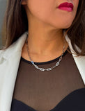 Sterling silver chain necklace on a person's neck.  Our medium Essential paperclip link chain necklace is perfect for everyday wear. Designed by AAPI celebrity jewelry designer SONIA HOU.