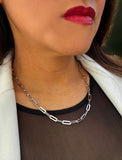 Sterling silver chain necklace on a person's neck.  Our medium Essential paperclip link chain necklace is perfect for everyday wear. Designed by AAPI celebrity jewelry designer SONIA HOU.