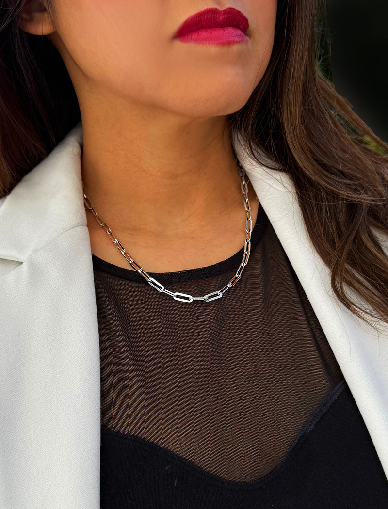 Sterling silver chain necklace on a person's neck.  Our medium Essential paperclip link chain necklace is perfect for everyday wear. Designed by AAPI celebrity jewelry designer SONIA HOU.