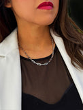 Sterling silver chain necklace on a person's neck.  Our medium Essential paperclip link chain necklace is perfect for everyday wear. Designed by AAPI celebrity jewelry designer SONIA HOU.