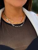 Sterling silver chain necklace on a person's neck.  Our medium Essential paperclip link chain necklace is perfect for everyday wear. Designed by AAPI celebrity jewelry designer SONIA HOU.