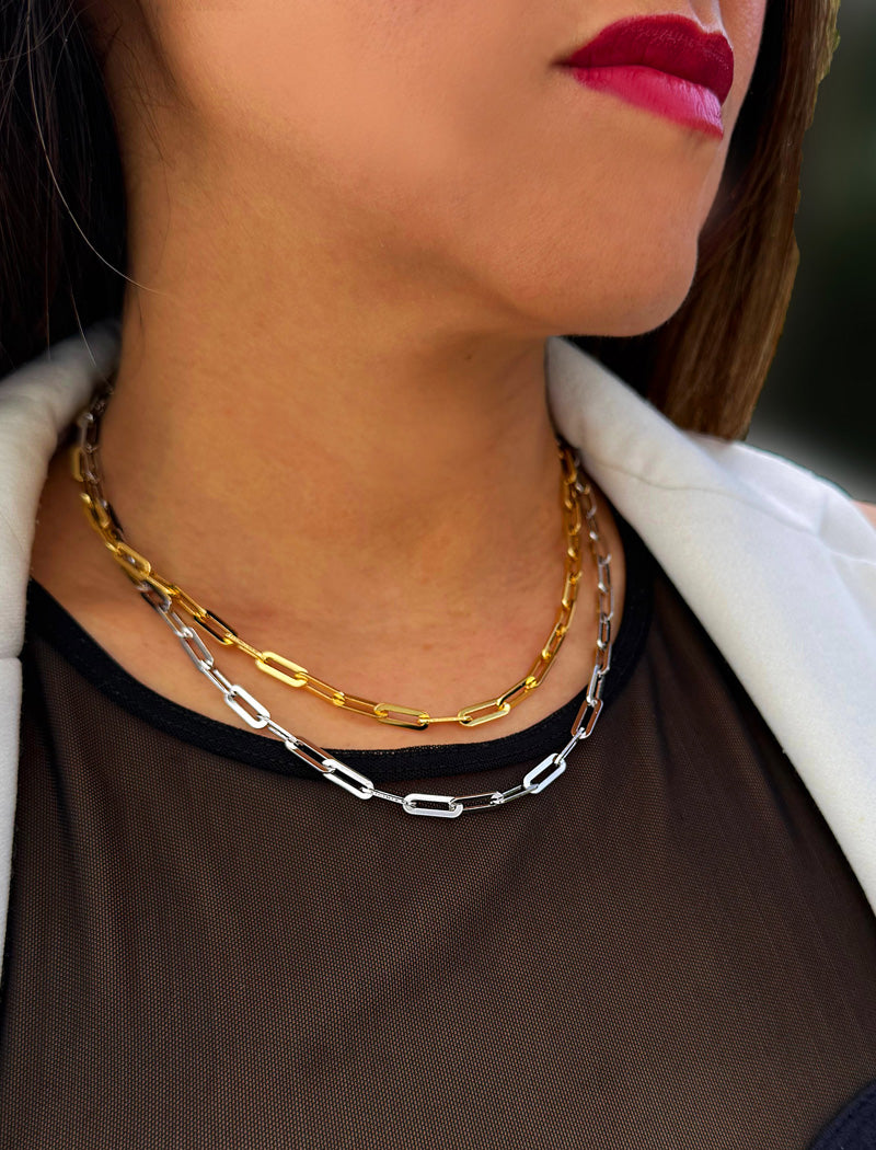 18K Gold vermeil (Sterling silver base) chain layering necklace on a person's neck.  Our medium Essential paperclip link chain necklace is perfect for everyday wear. Designed by AAPI celebrity jewelry designer SONIA HOU.