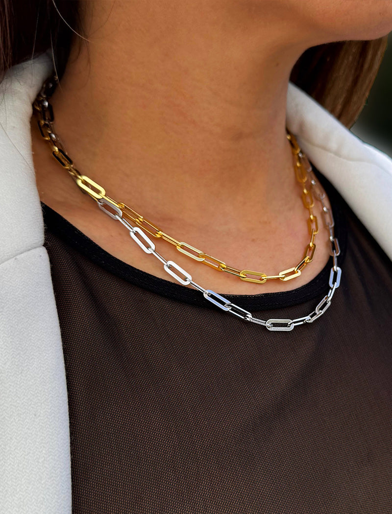 Sterling silver chain necklace on a person's neck.  Our medium Essential paperclip link chain necklace is perfect for everyday wear. Designed by AAPI celebrity jewelry designer SONIA HOU.