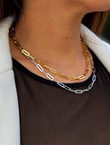 Sterling silver chain necklace on a person's neck.  Our medium Essential paperclip link chain necklace is perfect for everyday wear. Designed by AAPI celebrity jewelry designer SONIA HOU.
