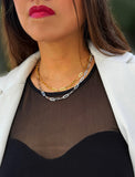 18K Gold vermeil (Sterling silver base) chain layering necklace on a person's neck.  Our medium Essential paperclip link chain necklace is perfect for everyday wear. Designed by AAPI celebrity jewelry designer SONIA HOU.