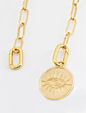 Gender neutral, culturally inclusive Evil Eye Lucky Charm 3-Way Convertible Coin Pendant with a Large Paperclip Link Chain Statement Bold Thick Chunky Layering Stacking Rectangular Necklace in 18K Gold Vermeil Over Sterling Silver by Sonia Hou, a celebrity AAPI Chinese demi-fine jewelry designer. 