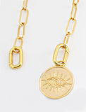 Gender neutral, culturally inclusive Evil Eye Lucky Charm 3-Way Convertible Coin Pendant with a Large Paperclip Link Chain Statement Bold Thick Chunky Layering Stacking Rectangular Necklace in 18K Gold Vermeil Over Sterling Silver by Sonia Hou, a celebrity AAPI Chinese demi-fine jewelry designer. 