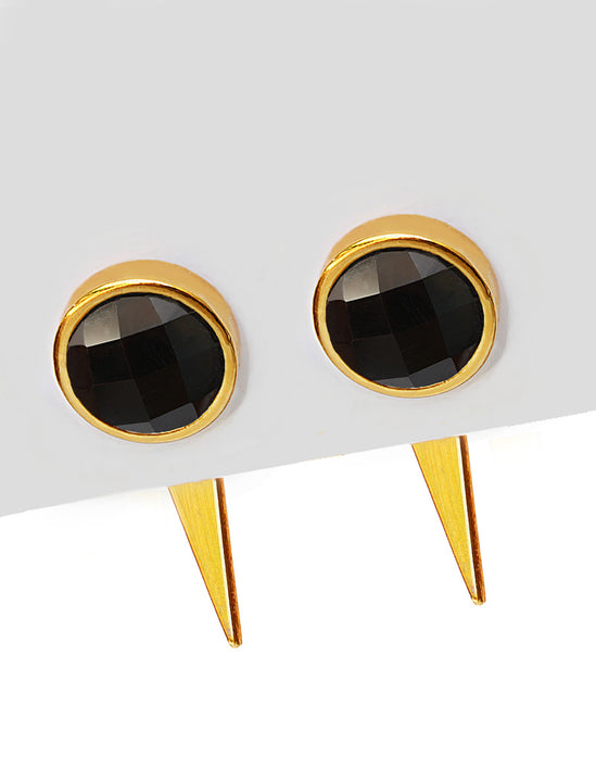 Luxe minimalist small or big FIRE 3-Way Convertible Geometric Black Onyx Gemstone Round Stud Triangle Spike Earring Jackets in 24K Gold by Sonia Hou, a celebrity AAPI Chinese demi-fine fashion costume jewelry designer. Actress Jessica Alba wore these similar modern spike ear jackets.