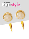 Luxe minimalist small or big FIRE 3-Way Convertible Geometric White Quartz Gemstone Round Stud Triangle Spike Earring Jackets in 24K Gold by Sonia Hou, a celebrity AAPI Chinese demi-fine fashion costume jewelry designer. Actress Jessica Alba wore these similar modern spike ear jackets.