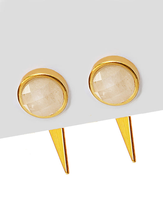 Luxe minimalist small or big FIRE 3-Way Convertible Geometric White Quartz Gemstone Round Stud Triangle Spike Earring Jackets in 24K Gold by Sonia Hou, a celebrity AAPI Chinese demi-fine fashion costume jewelry designer. Actress Jessica Alba wore these similar modern spike ear jackets.