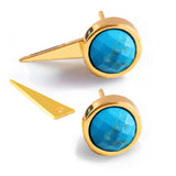 Luxe minimalist small or big FIRE 3-Way Convertible Geometric Turquoise Gemstone Round Stud Triangle Spike Earring Jackets in 24K Gold by Sonia Hou, a celebrity AAPI Asian Chinese demi-fine fashion costume jewelry designer. Actress Jessica Alba wore these similar modern spike ear jackets.
