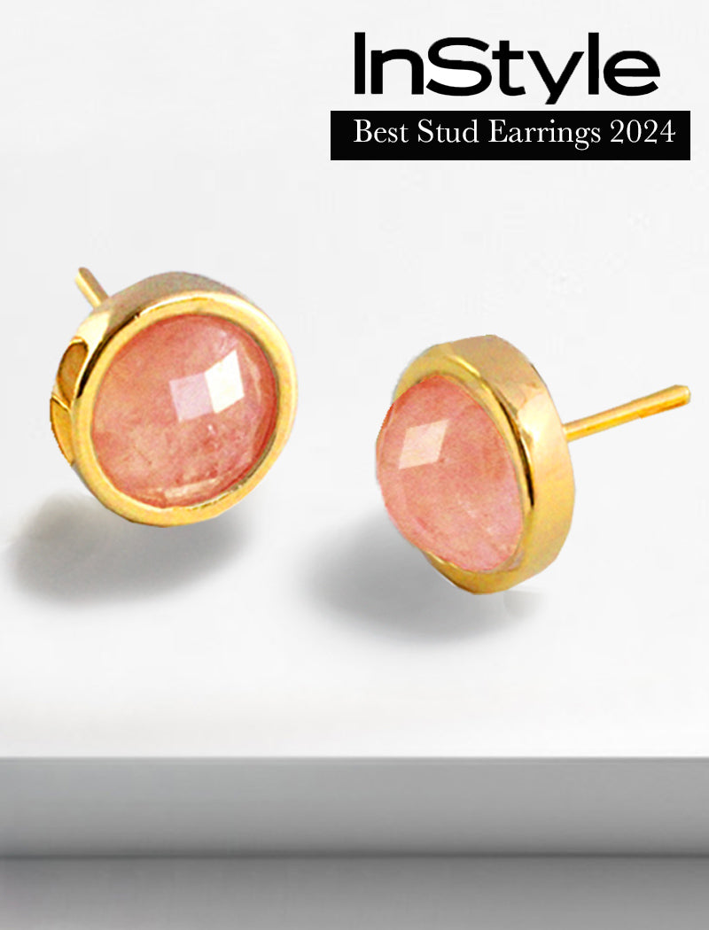 Luxe minimalist small or big FIRE 3-Way Convertible Pink Coral Gemstone Round Stud earrings in 24K Gold by Sonia Hou, a celebrity AAPI Asian Chinese demi-fine fashion costume jewelry designer. 