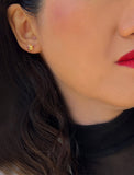 Female model wearing Holiday Sparkle Festive Christmas Earrings in 18K Gold Over With Sterling Silver by AAPI Celebrity Jewelry Designer Sonia Hou 