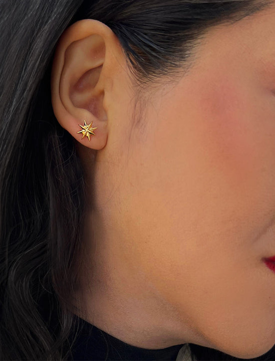 Female model wearing Holiday Sparkle Festive Christmas Earrings in 18K Gold Over With Sterling Silver by AAPI Celebrity Jewelry Designer Sonia Hou 