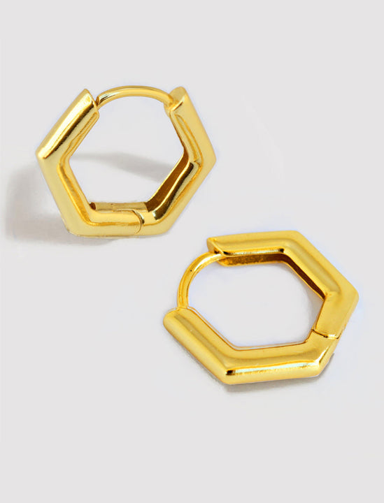 Minimalist mini tiny small chunky bold thick dainty stacking layering statement round INNOVATE Hexagon Huggie Hoop Earrings in 18K Gold Vermeil With 925 Sterling Silver base by Sonia Hou, a celebrity AAPI Chinese demi-fine jewelry designer