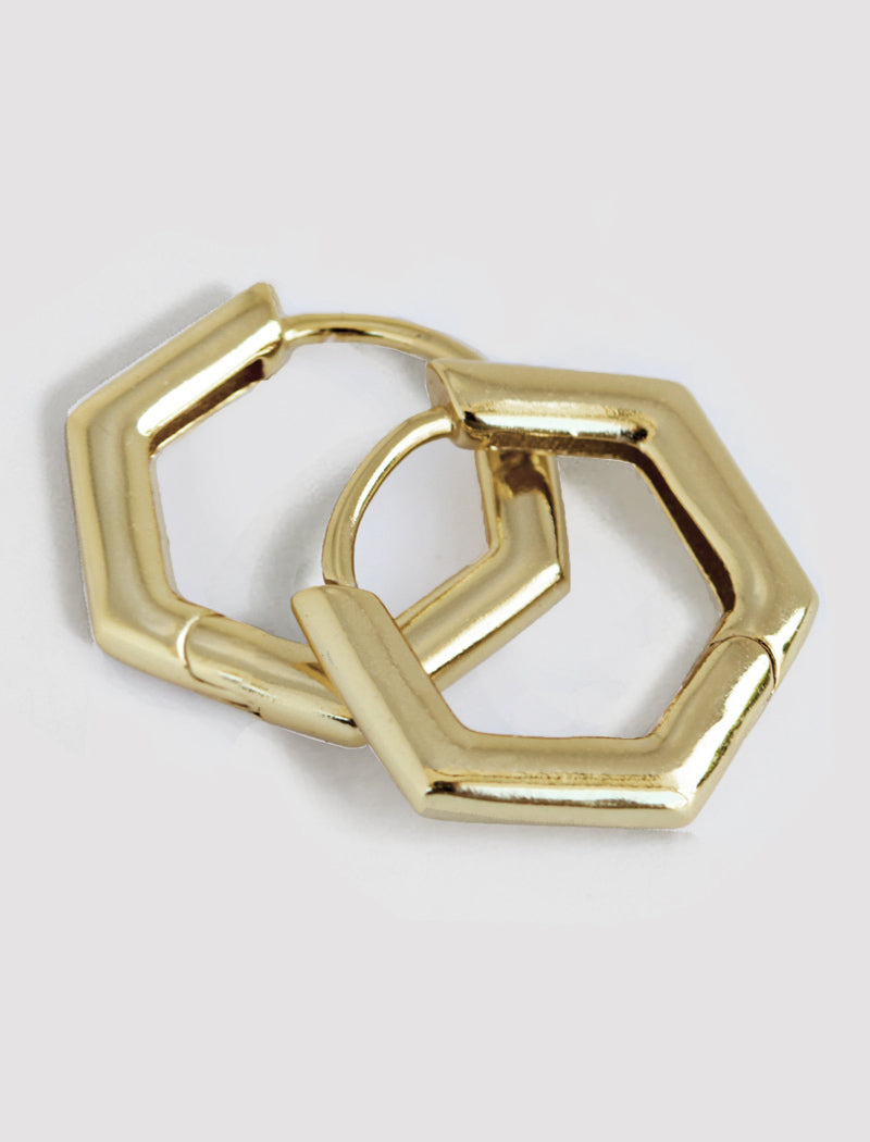 Minimalist mini tiny small chunky bold thick dainty stacking layering statement round INNOVATE Hexagon Huggie Hoop Earrings in 925 Sterling Silver by Sonia Hou, a celebrity Asian AAPI Chinese demi-fine jewelry designer