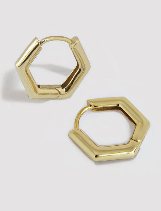 Minimalist mini tiny small chunky bold thick dainty stacking layering statement round INNOVATE Hexagon Huggie Hoop Earrings in 925 Sterling Silver by Sonia Hou, a celebrity Asian AAPI Chinese demi-fine jewelry designer