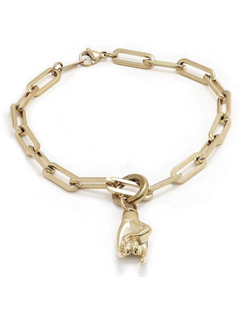 Italian Hand link chain bracelet—also known as Mano Cornuta or the “Horned Hand” amulet in silver Stainless Steel (waterproof).  Designed for everyone who values inclusivity, diversity, and meaning, it’s a timeless statement of strength and modern style. It's perfect for everyday wear. Designed by AAPI celebrity jewelry designer SONIA HOU.