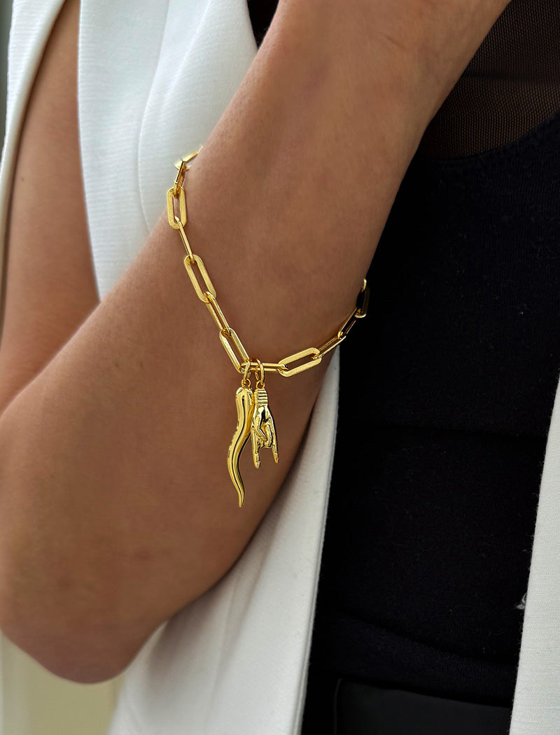 18K Gold vermeil (sterling silver) chain bracelet with a unique pendant on a wrist against a neutral background. Inspired by centuries-old Italian tradition, this modern chain bracelet features the Italian horn and hand charm, also known as the cornicello and Mano Cornuta — a powerful symbol of protection, good fortune, and strength. Designed by AAPI celebrity jewelry designer SONIA HOU.
