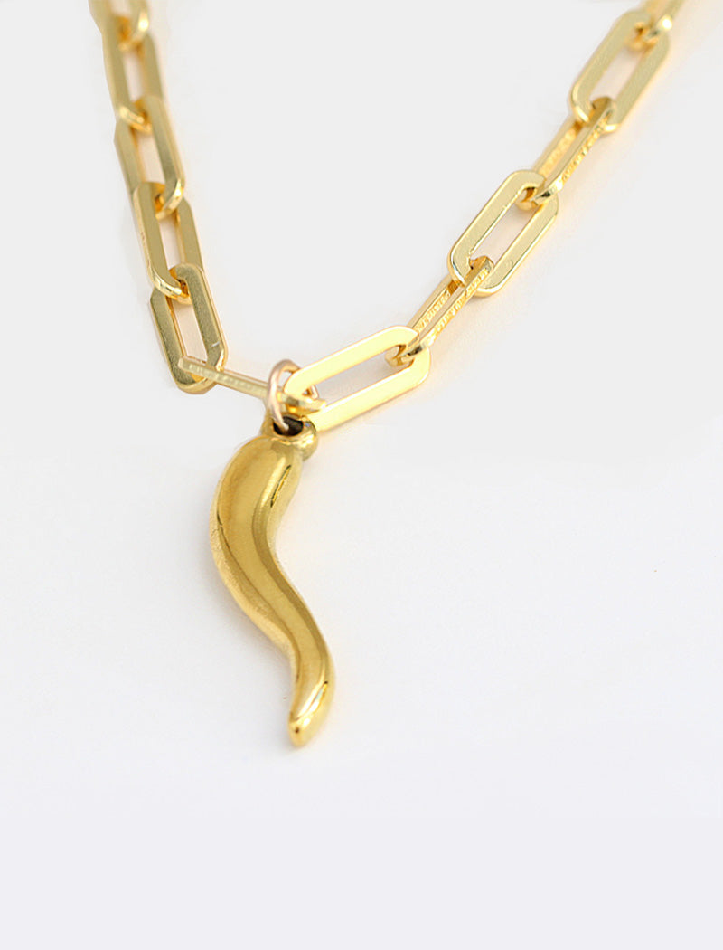 Inspired by centuries-old Italian tradition, this photo showcases a person wearing a modern chain pendant necklace with the Italian Horn —also known as the cornicello—a powerful emblem of protection, strength, and good fortune. Made of 18K Gold Vermeil (sterling Silver base).  Designed for everyone who values inclusivity, diversity, and meaning, it’s a timeless statement of strength and modern style. It's perfect for everyday wear. Designed by AAPI celebrity jewelry designer SONIA HOU.