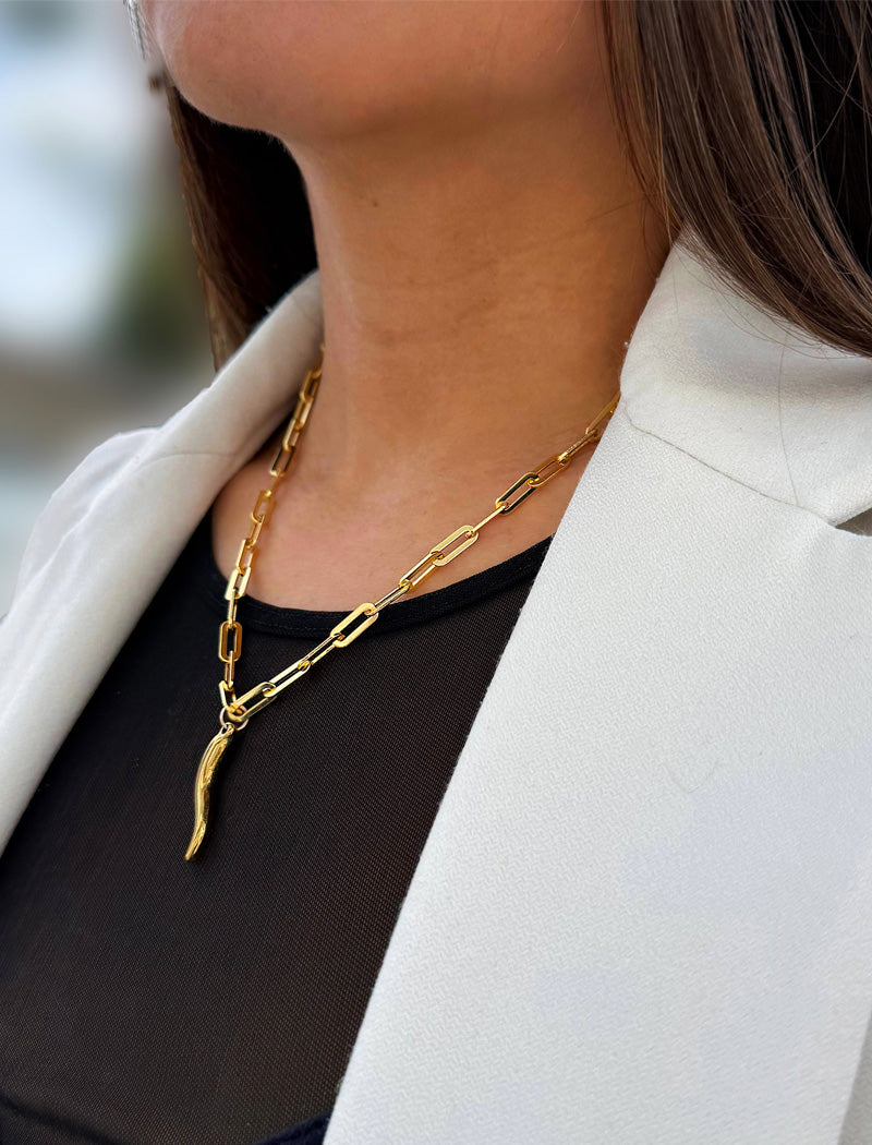 Inspired by centuries-old Italian tradition, this photo showcases a person wearing a modern chain pendant necklace with the Italian Horn —also known as the cornicello— a powerful emblem of protection, strength, and good fortune. Made of 18K Gold Vermeil (sterling silver).  Designed for everyone who values inclusivity, diversity, and meaning, it’s a timeless statement of strength and modern style. It's perfect for everyday wear. Designed by AAPI celebrity jewelry designer SONIA HOU.