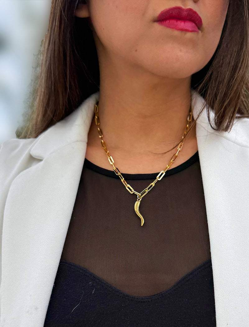 Inspired by centuries-old Italian tradition, this photo showcases a person wearing a modern chain pendant necklace with the Italian Horn —also known as the cornicello—a powerful emblem of protection, strength, and good fortune. Made of 18K Gold Vermeil (sterling Silver base).  Designed for everyone who values inclusivity, diversity, and meaning, it’s a timeless statement of strength and modern style. It's perfect for everyday wear. Designed by AAPI celebrity jewelry designer SONIA HOU.