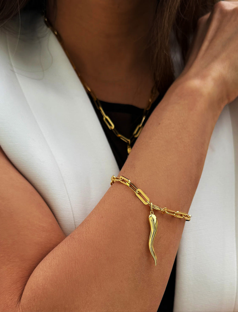 18K Gold vermeil (sterling silver) chain bracelet with a unique pendant on a wrist against a neutral background. Inspired by centuries-old Italian tradition, this modern chain bracelet features the Italian horn charm, also known as the cornicello — a powerful symbol of protection, good fortune, and strength. Designed by AAPI celebrity jewelry designer SONIA HOU.
