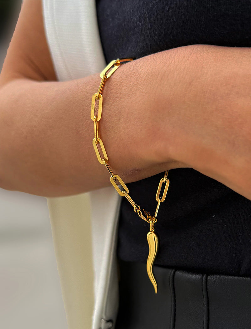 18K Gold vermeil (sterling silver) chain bracelet with a unique pendant on a wrist against a neutral background. Inspired by centuries-old Italian tradition, this modern chain bracelet features the Italian horn, also known as the cornicello — a powerful symbol of protection, good fortune, and strength. Designed by AAPI celebrity jewelry designer SONIA HOU.
