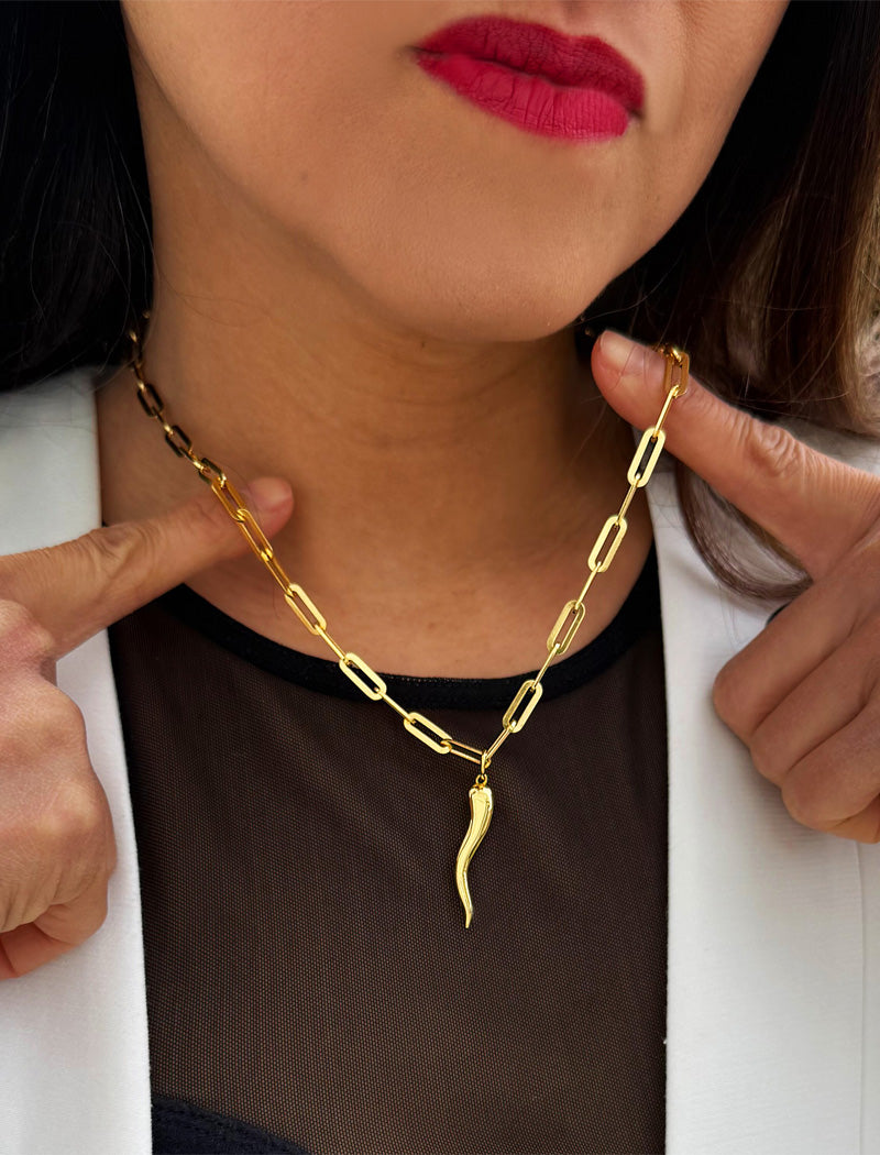 Inspired by centuries-old Italian tradition, this photo showcases a person wearing a modern chain pendant necklace with the Italian Horn —also known as the cornicello—a powerful emblem of protection, strength, and good fortune. Made of 18K Gold Vermeil (sterling Silver base).  Designed for everyone who values inclusivity, diversity, and meaning, it’s a timeless statement of strength and modern style. It's perfect for everyday wear. Designed by AAPI celebrity jewelry designer SONIA HOU.