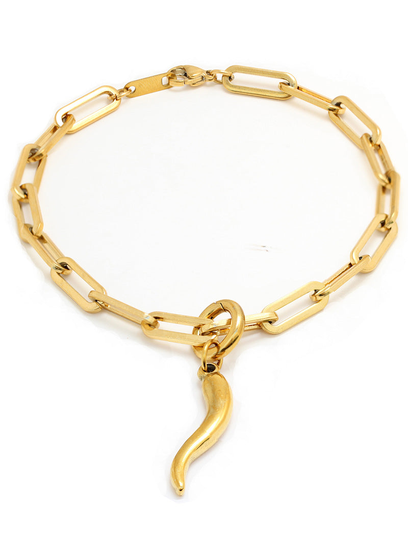18K Gold stainless steel (waterproof) chain bracelet with a unique clasp worn by a person in a brown long-sleeve shirt. Inspired by centuries-old Italian tradition, this modern chain bracelet features the Italian horn charm, also known as the cornicello — a powerful symbol of protection, good fortune, and strength. Designed by AAPI celebrity jewelry designer SONIA HOU.
