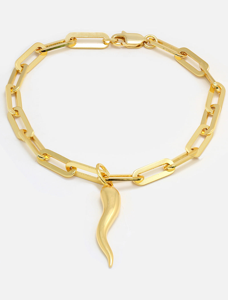 18K Gold stainless steel (waterproof) chain bracelet with a unique clasp worn by a person in a brown long-sleeve shirt. Inspired by centuries-old Italian tradition, this modern chain bracelet features the Italian horn charm, also known as the cornicello — a powerful symbol of protection, good fortune, and strength. Designed by AAPI celebrity jewelry designer SONIA HOU.
