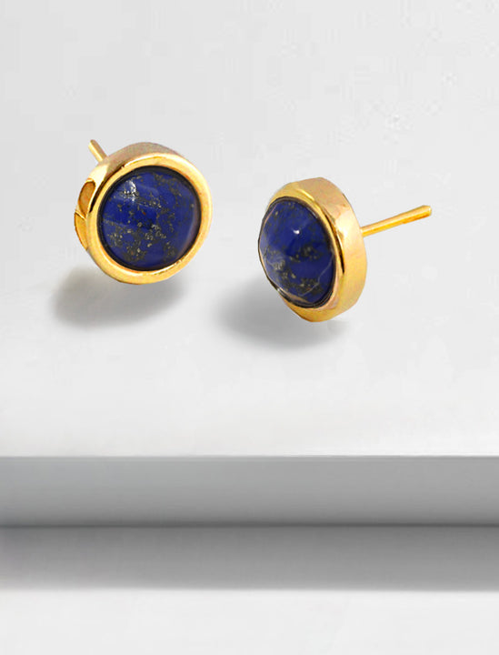 Luxe minimalist small or big FIRE 3-Way Convertible Blue Denim Lapis Lazuli Gemstone Round Stud earrings in 24K Gold by Sonia Hou, a celebrity AAPI Asian Chinese demi-fine fashion costume jewelry designer. 