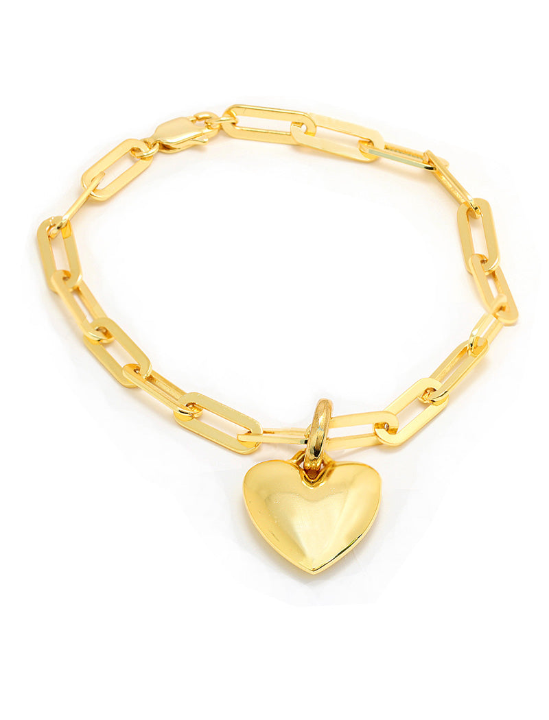 18K Gold vermeil chain bracelet with a heart-shaped charm on a white background