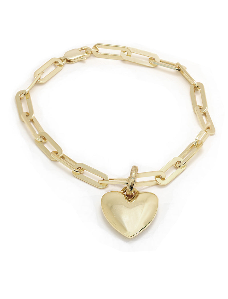 Sterling Silver chain bracelet with a puffy heart-shaped charm on a white background