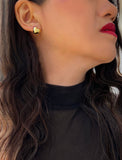 Woman wearing Puffy Heart Stud Earrings in 18K Gold Over Sterling Silver by AAPI Asian Celebrity Jewelry Designer Sonia Hou - Perfect for Valentine's Day Gift, Mother's Day, Anniversary