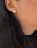 Female model wearing Puffy Heart Stud Earrings in 18K Gold Over Sterling Silver by AAPI Asian Celebrity Jewelry Designer Sonia Hou - Perfect for Valentine's Day Gift, Mother's Day, Anniversary