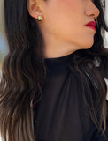 Woman wearing Puffy Heart Stud Earrings in 18K Gold Over Sterling Silver by AAPI Asian Celebrity Jewelry Designer Sonia Hou - Perfect for Valentine's Day Gift, Mother's Day, Anniversary