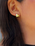 Woman wearing Puffy Heart Stud Earrings in 18K Gold Over Sterling Silver by AAPI Asian Celebrity Jewelry Designer Sonia Hou - Perfect for Valentine's Day Gift, Mother's Day, Anniversary