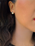 Woman wearing Puffy Heart Stud Earrings in Sterling Silver by AAPI Asian Celebrity Jewelry Designer Sonia Hou - Perfect for Valentine's Day Gift, Mother's Day, Anniversary