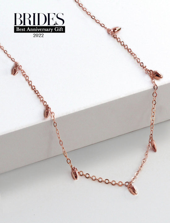 Inclusive Asian inspired thin Rice bead minimalist chain layering stacking necklace in 18K rose gold vermeil with sterling silver base by Sonia Hou, a celebrity Chinese AAPI demi-fine jewelry designer