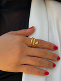 Woman wearing Culturally inclusive Chinese Zodiac Wood Snake x Taylor Swift inspired Reputation ring in 18k gold over Sterling Silver by Sonia Hou, a celebrity AAPI Chinese demi-fine jewelry designer. Perfect for Halloween, Lunar New Year or Swifties at Taylor Swift concerts!