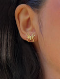 Woman model wearing Gold Spider Halloween Earrings in 18K Gold Over With Sterling Silver by AAPI Celebrity Jewelry Designer Sonia Hou 