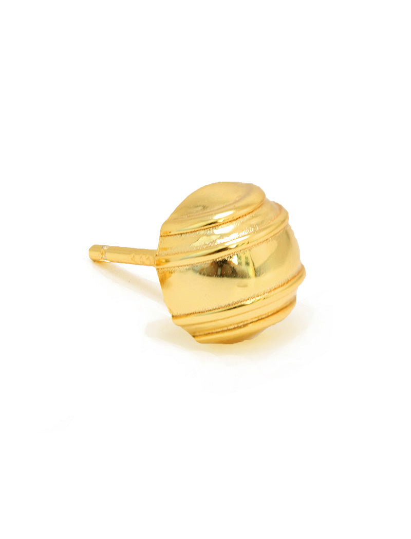 A single gold stud tennis ball earring with a textured, ribbed dome-shaped face and a post, shown on a plain white backgroundby Sonia Hou, a celebrity AAPI inclusive demi-fine jewelry designer. Available in 18K Gold Over Sterling Silver, Sterling Silver and 18K Gold PVD Stainless Steel (Waterproof).
