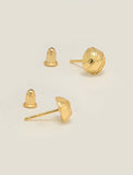 Three gold stud minimalist tennis ball earrings shown on a plain light beige background, with one earring displayed from the front and two from the side to show the post and backing by Sonia Hou, a celebrity AAPI inclusive demi-fine jewelry designer. Available in 18K Gold Over Sterling Silver, Sterling Silver and 18K Gold PVD Stainless Steel (Waterproof).
