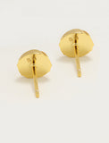 A pair of gold stud minimalist tennis ball earrings with a textured, scalloped circular face and a straight post, shown on a clean white background by Sonia Hou, a celebrity AAPI inclusive demi-fine jewelry designer. Available in 18K Gold Over Sterling Silver, Sterling Silver and 18K Gold PVD Stainless Steel (Waterproof).. The brand initials 'SH' are engraved on the back of each earring.