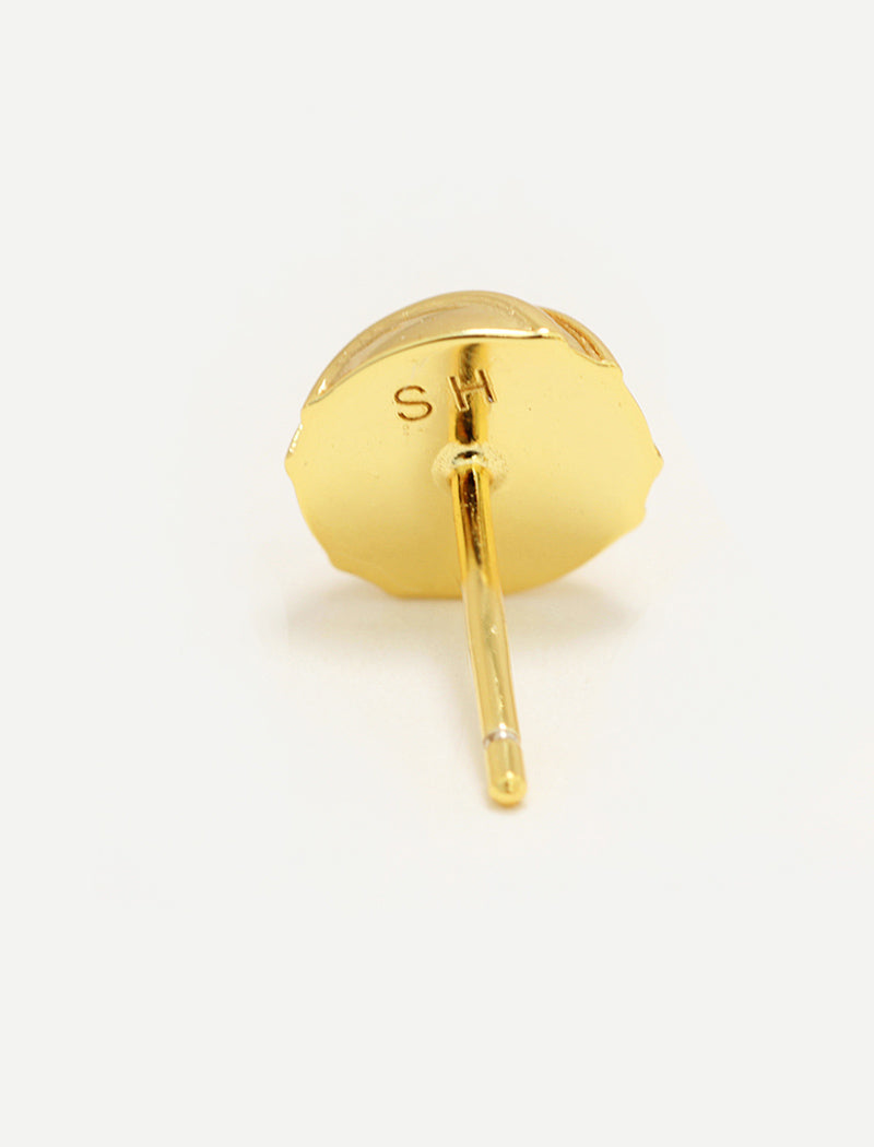 A pair of gold stud minimalist tennis ball earring with a textured, scalloped circular face and a straight post, shown on a clean white background by Sonia Hou, a celebrity AAPI inclusive demi-fine jewelry designer. Available in 18K Gold Over Sterling Silver, Sterling Silver and 18K Gold PVD Stainless Steel (Waterproof).. The brand initials 'SH' are engraved on the back of each earring.