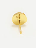 A pair of gold stud minimalist tennis ball earring with a textured, scalloped circular face and a straight post, shown on a clean white background by Sonia Hou, a celebrity AAPI inclusive demi-fine jewelry designer. Available in 18K Gold Over Sterling Silver, Sterling Silver and 18K Gold PVD Stainless Steel (Waterproof).. The brand initials 'SH' are engraved on the back of each earring.
