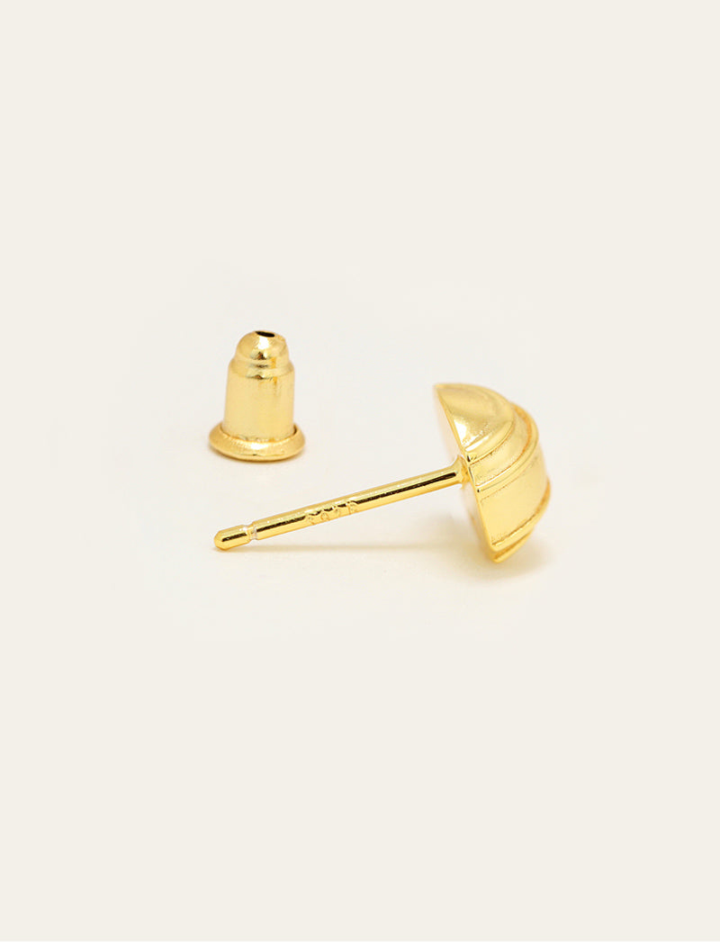 Three gold stud minimalist tennis ball earring shown on a plain light beige background, with one earring displayed from the front and two from the side to show the post and backing by Sonia Hou, a celebrity AAPI inclusive demi-fine jewelry designer. Available in 18K Gold Over Sterling Silver, Sterling Silver and 18K Gold PVD Stainless Steel (Waterproof).